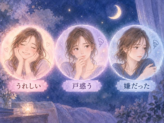 夜色の背景に嬉しさと戸惑いと不快感を表す三つの表情を並べた図解