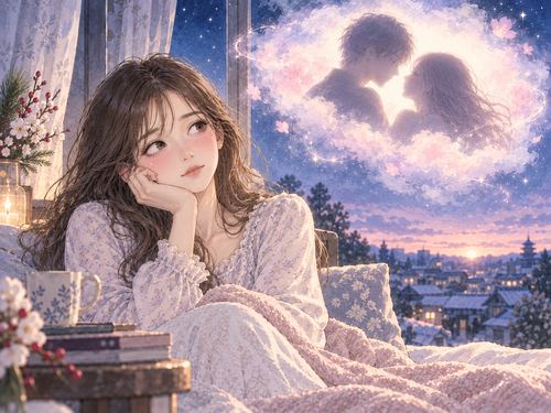 新年の夜明け前に夢の余韻を感じる女性と淡い光の中の二人のシルエット