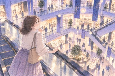 ショッピングモールのエスカレーターで店を見渡す女性