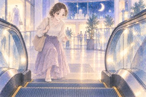 動くエスカレーターの前で乗れずに迷う女性