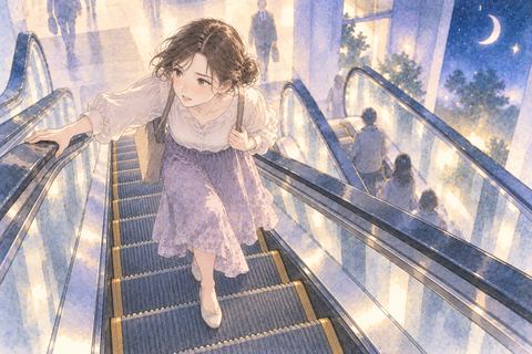 動く方向に逆らってエスカレーターを歩く女性