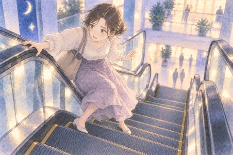 手すりにつかまり落ちそうなところで踏みとどまる女性