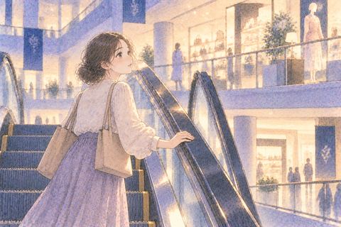 夜のデパートで上階へ向かう女性