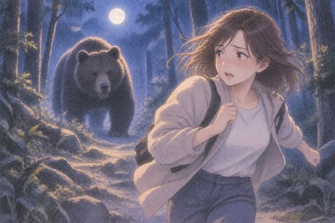 夜の森で大きな熊から距離を取りながら逃げる人物