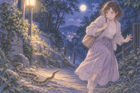 夜の道で足元へ近づく蛇から離れる人物