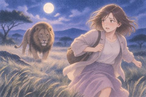 広い夜の草原で大きな猛獣から逃げる人物