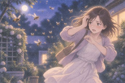 夜の庭で小さな蜂や虫の群れから離れようとする人物