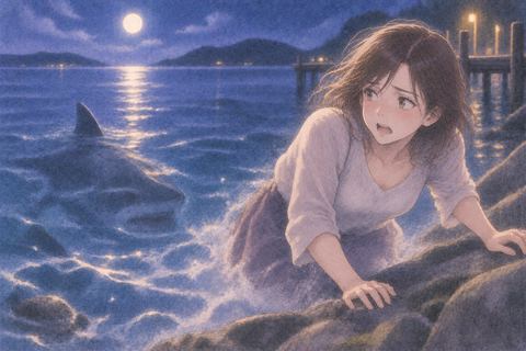 夜の水辺で水中の危険から岸へ急ぐ人物