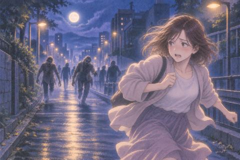 夜の街で遠くの複数のゾンビから逃げ続ける人物