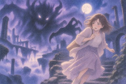 幻想的な巨大な怪物の影から逃げる人物