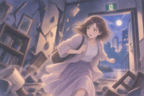揺れる建物から外へ逃げようとする人物