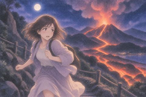 夜の火山から離れながら遠くの噴煙と迫る溶岩を見る人物