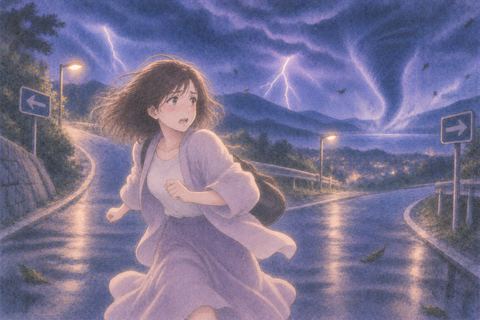 進路の読めない竜巻と雷から逃げ道を探す人物