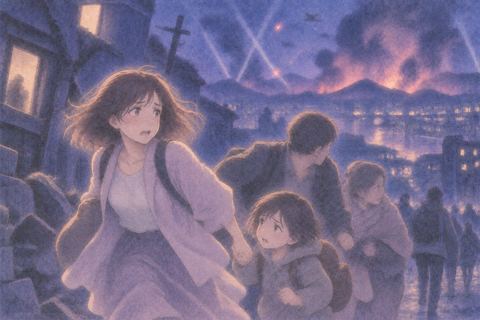 夜の街で家族らしい人たちと避難する人物