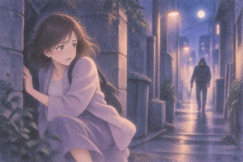 夜の路地で危険な相手から物陰へ逃げる人物