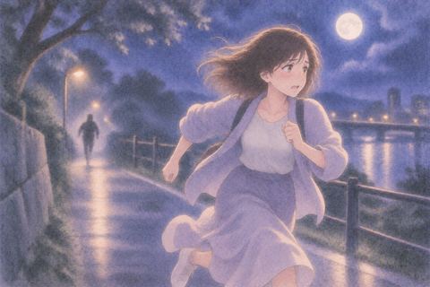 月明かりの道を自分の足で走って逃げる人物