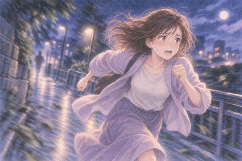 夜道を振り返る余裕なく全速力で走る人物