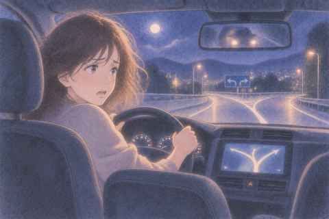 夜の道路を運転しながら後方を気にする人物