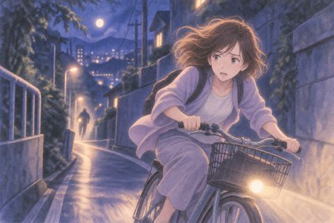 夜道を自転車で急いで進む人物と背後の遠い気配