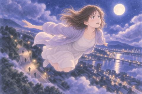 夜空へふわりと浮かび地上から離れていく人物