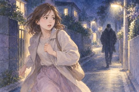 夜の住宅街で距離を詰める不審な人影から逃げる人物