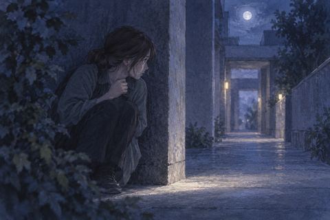 夜の建物の陰で息をひそめながら隠れる人物