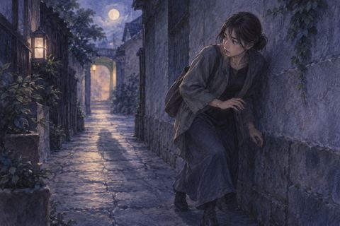 暗い通路で足音を気にしながら静かに移動する人物