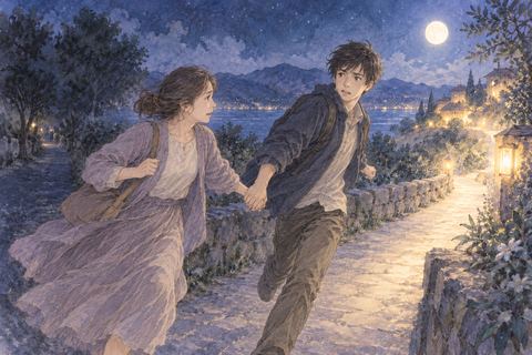 夜道で家族らしい人の手を引いて一緒に逃げる人物