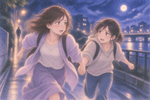 夜道を声をかけ合いながら一緒に走る二人