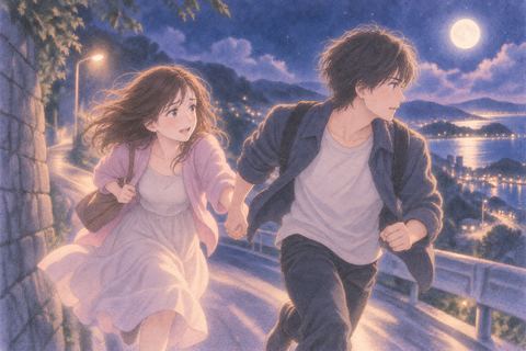 月明かりの道を手を取り合って逃げる大人の男女