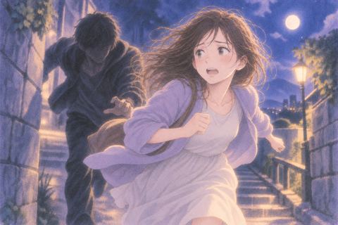 逃げる人物のすぐ後ろまで追手の影が迫る場面