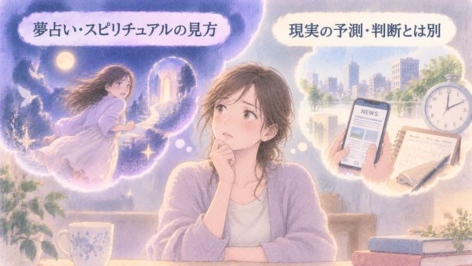 夢占いの象徴的な逃走場面と現実の判断を分けて考える女性の図
