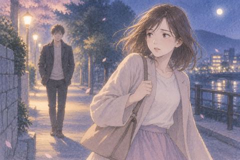 夜道で男性から少し距離を取りながら振り返る女性
