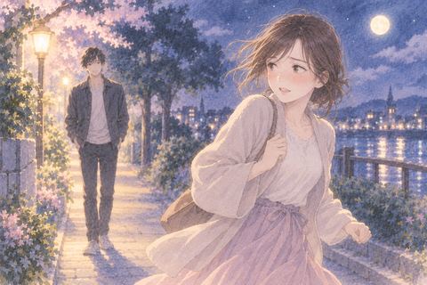 好きな男性を振り返りながら照れた表情で少し走って離れる女性