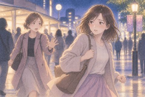 人混みの中で知人から離れるように別の道へ向かう人物