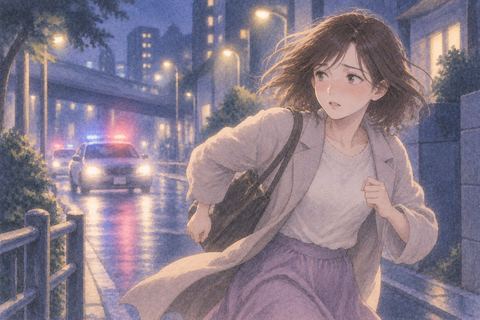 夜の街で遠くのパトカーの光から逃げる人物