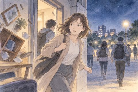 揺れる建物から安全な場所へ避難する女性