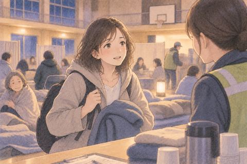 人のいる避難所に到着する女性