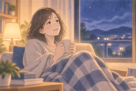 安全な部屋に着いて安心する女性