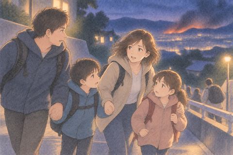 家族と声を掛け合いながら避難する女性