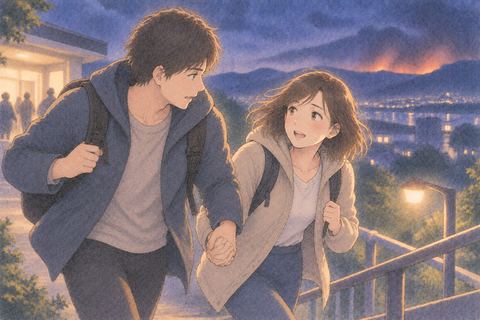 恋人と手を取り同じ方向へ避難する女性