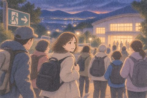知らない人たちと同じ方向へ避難する女性