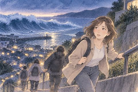 遠くの大波から高い場所へ避難する女性