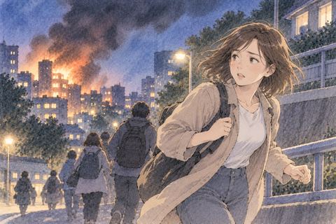 遠くの炎から安全な場所へ離れる女性