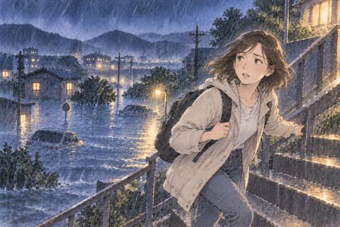 大雨で増えた水から高い場所へ向かう女性
