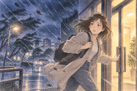 暴風雨の屋外から建物へ避難する女性