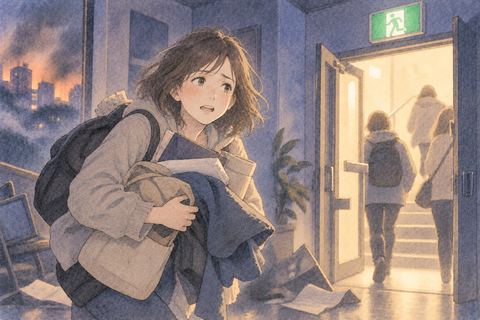 避難口を前に動けず焦る女性