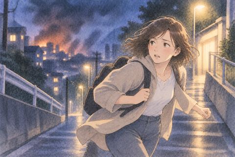 安全な方向へ急いで避難する女性