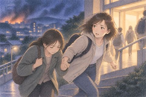 別の人を支えながら避難する女性