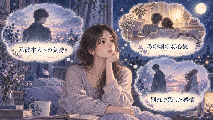 元彼本人への気持ちと昔の安心感や別れの感情を分けて考える女性の図